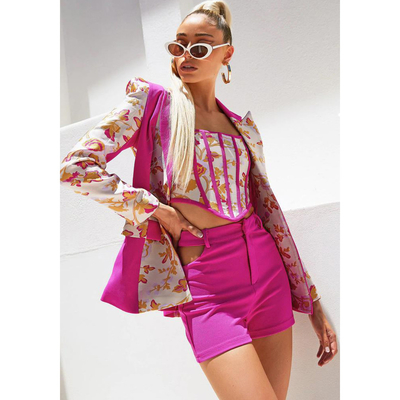 Knitted HD2004 Kimshein Women's Luxurious Long Sleeve Sport Jacket and Shorts Set Printed with Embroidered Floral Design