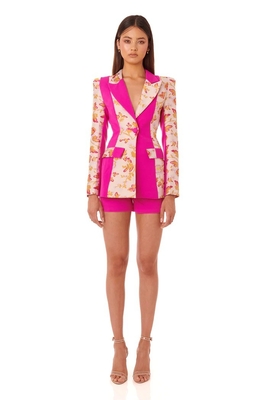 Knitted HD2004 Kimshein Women's Luxurious Long Sleeve Sport Jacket and Shorts Set Printed with Embroidered Floral Design