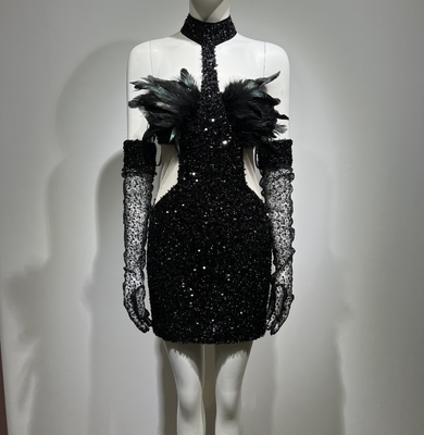 ED2475 Luxurious A-Line Women's Party Dress Sexy Backless Collar Evening Gown with Shimmering Feathers and Sequins