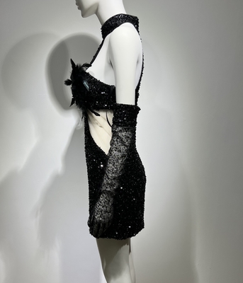 ED2475 Luxurious A-Line Women's Party Dress Sexy Backless Collar Evening Gown with Shimmering Feathers and Sequins