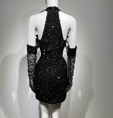 ED2475 Luxurious A-Line Women's Party Dress Sexy Backless Collar Evening Gown with Shimmering Feathers and Sequins
