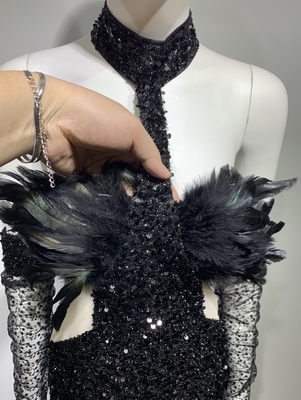 ED2475 Luxurious A-Line Women's Party Dress Sexy Backless Collar Evening Gown with Shimmering Feathers and Sequins
