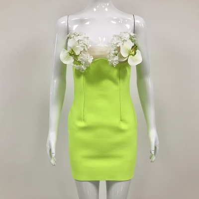 Summer Green Mini Off-Shoulder Bandage Dress Sexy and Breathable Bodycon Dress with Floral Decoration