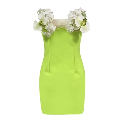 Summer Green Mini Off-Shoulder Bandage Dress Sexy and Breathable Bodycon Dress with Floral Decoration
