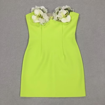 Summer Green Mini Off-Shoulder Bandage Dress Sexy and Breathable Bodycon Dress with Floral Decoration