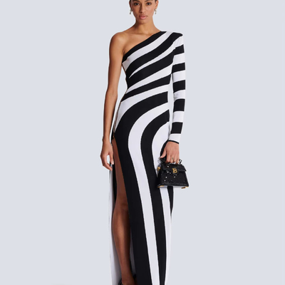 LS2488 Spring Striped Bandage Dress with Sexy One Shoulder and Long Sleeves Polyester Material Other Printing Methods