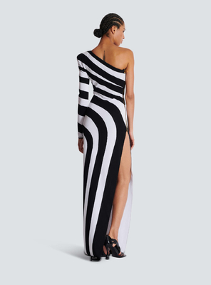 LS2488 Spring Striped Bandage Dress with Sexy One Shoulder and Long Sleeves Polyester Material Other Printing Methods