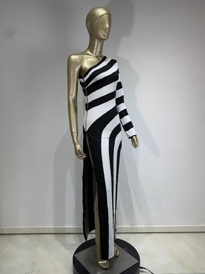 LS2488 Spring Striped Bandage Dress with Sexy One Shoulder and Long Sleeves Polyester Material Other Printing Methods