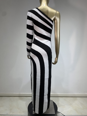 LS2488 Spring Striped Bandage Dress with Sexy One Shoulder and Long Sleeves Polyester Material Other Printing Methods