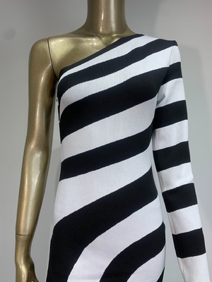 LS2488 Spring Striped Bandage Dress with Sexy One Shoulder and Long Sleeves Polyester Material Other Printing Methods