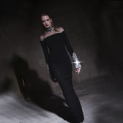 LS2467 Black Long Sleeve High Neck Party Dress Crystal Mesh Sheath Bandage Maxi Dress Sexy Women Polyester Dress Satin Fabric