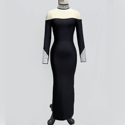LS2467 Black Long Sleeve High Neck Party Dress Crystal Mesh Sheath Bandage Maxi Dress Sexy Women Polyester Dress Satin Fabric