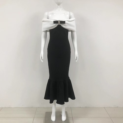 Spring Mermaid Wedding Dress with Off-Shoulder Design and Sleeveless Knit Sheath Style featuring Bow Accent Model KD2301