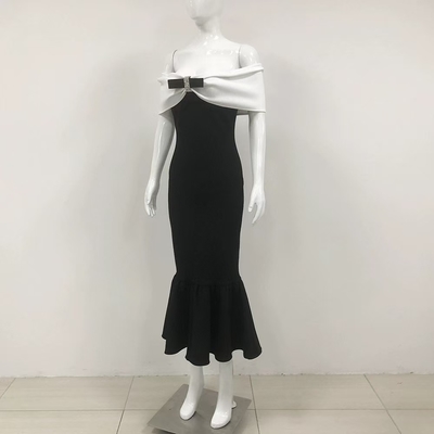 Spring Mermaid Wedding Dress with Off-Shoulder Design and Sleeveless Knit Sheath Style featuring Bow Accent Model KD2301