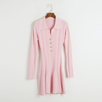 Mini Length KD2304 Knitted Dress Loose A-line Style Button Closure Perfect for Elegant Party in Spring and Autumn