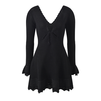Elegant Ladies Knitted Dress KD2311 Black Small Short Sleeve Skirt V-neck Loose Dress for Daily Life in Weaving Method