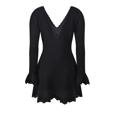 Elegant Ladies Knitted Dress KD2311 Black Small Short Sleeve Skirt V-neck Loose Dress for Daily Life in Weaving Method