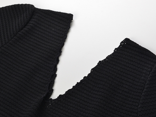 Elegant Ladies Knitted Dress KD2311 Black Small Short Sleeve Skirt V-neck Loose Dress for Daily Life in Weaving Method