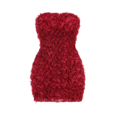 Stylish Red Cocktail Party Mini Dress Off-Shoulder and Sleeveless 220g Fabric Weight Natural Waistline with 3D Flower