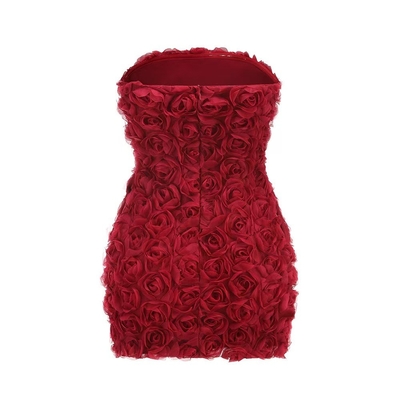 Stylish Red Cocktail Party Mini Dress Off-Shoulder and Sleeveless 220g Fabric Weight Natural Waistline with 3D Flower
