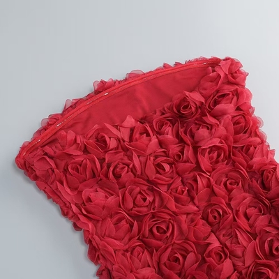Stylish Red Cocktail Party Mini Dress Off-Shoulder and Sleeveless 220g Fabric Weight Natural Waistline with 3D Flower