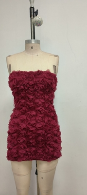 Stylish Red Cocktail Party Mini Dress Off-Shoulder and Sleeveless 220g Fabric Weight Natural Waistline with 3D Flower