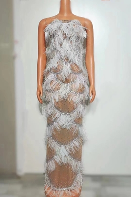 AD2262 Kimshein Mature Women's Fashion Crystal Party Dress with Feather Trimmed Detail and Intelligent Tracking Support