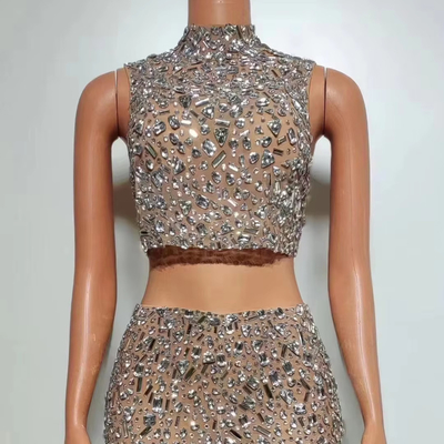 Kimshein AD2030 Handmade Pearl-Decorated Crystal Two-Piece Set Sleeveless and Backless Perfect for Glamorous Parties