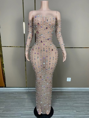 Customizable Logo and Graphic Design AD1970 Luxurious Long Sleeve Crystal Ball Evening Gown for Women in Shiny Satin Fabric