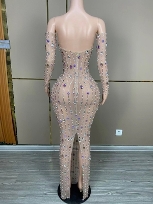 Customizable Logo and Graphic Design AD1970 Luxurious Long Sleeve Crystal Ball Evening Gown for Women in Shiny Satin Fabric