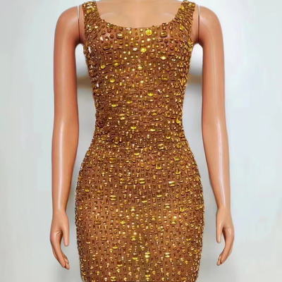 AD2263 Women's Sexy Crystal Dress Fashionable Mini Bodycon Dress with Sparkling Diamond Details and Luxurious Fabric