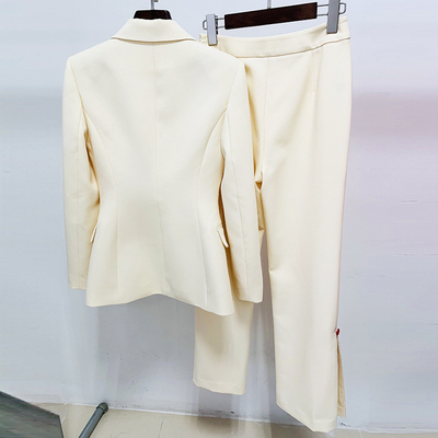 Kimshein Women's Two-Piece Suit Set in Red with Long-Sleeved Jacket and Buttoned Trousers