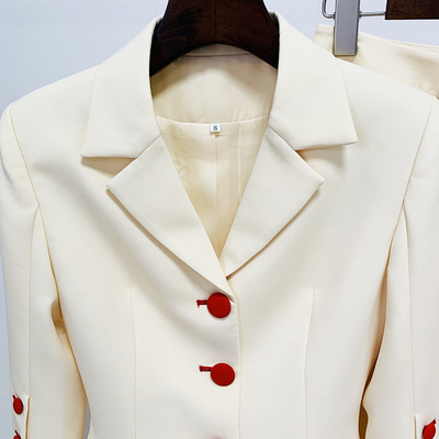 Kimshein Women's Two-Piece Suit Set in Red with Long-Sleeved Jacket and Buttoned Trousers