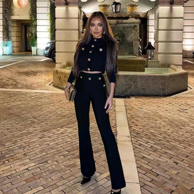 BY2309 Long Sleeve Fringed Beaded Black Bandage Cutout Top 2-Piece Sportswear Set for Women's Autumn Outfit Eco-Friendly