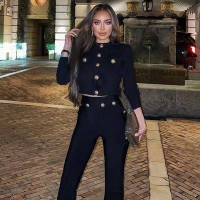 BY2309 Long Sleeve Fringed Beaded Black Bandage Cutout Top 2-Piece Sportswear Set for Women's Autumn Outfit Eco-Friendly