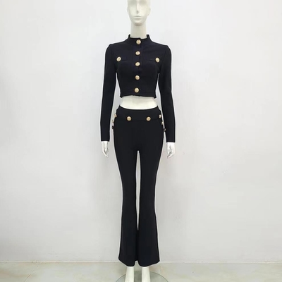 BY2309 Long Sleeve Fringed Beaded Black Bandage Cutout Top 2-Piece Sportswear Set for Women's Autumn Outfit Eco-Friendly