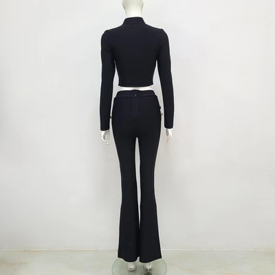 BY2309 Long Sleeve Fringed Beaded Black Bandage Cutout Top 2-Piece Sportswear Set for Women's Autumn Outfit Eco-Friendly