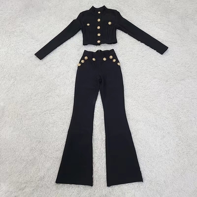 BY2309 Long Sleeve Fringed Beaded Black Bandage Cutout Top 2-Piece Sportswear Set for Women's Autumn Outfit Eco-Friendly