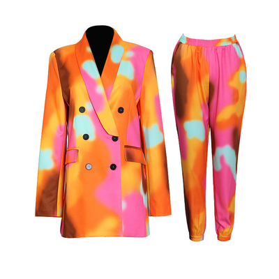 CF1297 Designer Autumn 2-Piece Set Women's Suit with Buttoned Blazer and Stylish Tie-Dye Plus Size Regular Sleeve Length