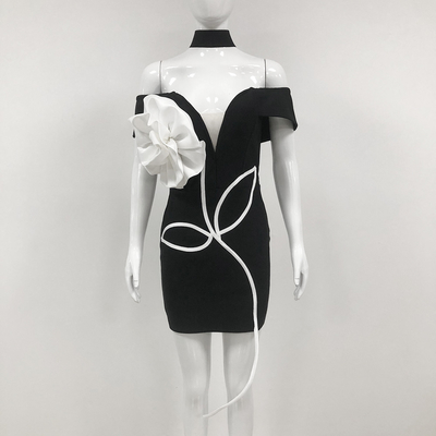 Water Crystal Decorated Off-Shoulder Floral Black Sexy Evening Dress for Women at Nightclub SB3021