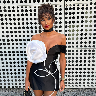 Water Crystal Decorated Off-Shoulder Floral Black Sexy Evening Dress for Women at Nightclub SB3021