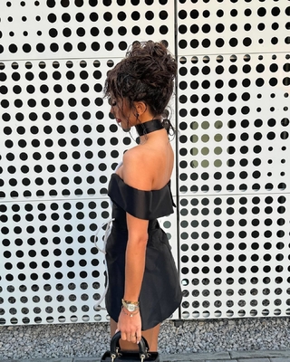 Water Crystal Decorated Off-Shoulder Floral Black Sexy Evening Dress for Women at Nightclub SB3021