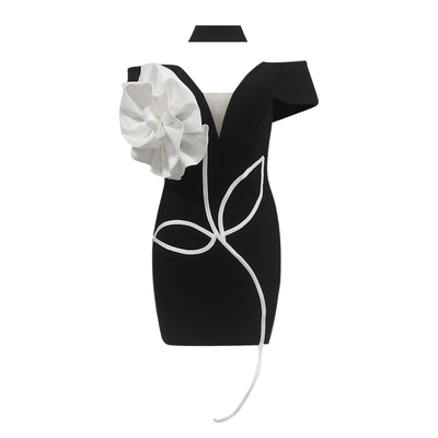 Water Crystal Decorated Off-Shoulder Floral Black Sexy Evening Dress for Women at Nightclub SB3021