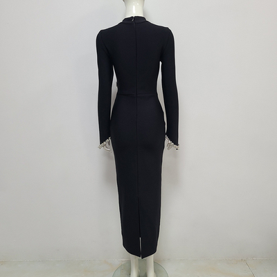 LS2477 Women's Sexy Long Sleeve Maxi Dress with Crystal Decoration Party Long Slim Bandage Dress Manufactured in Guangdong