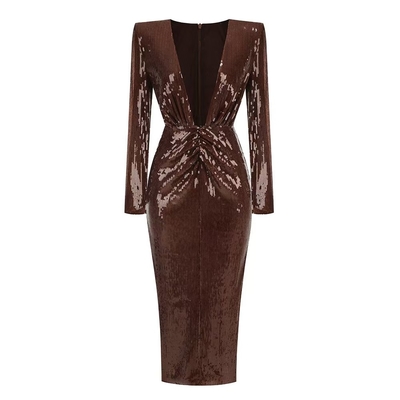 LS2569 Fashionable and Elegant Brown Sequin Maxi Dress for Women's Deep V-neck Evening Party Dress Made