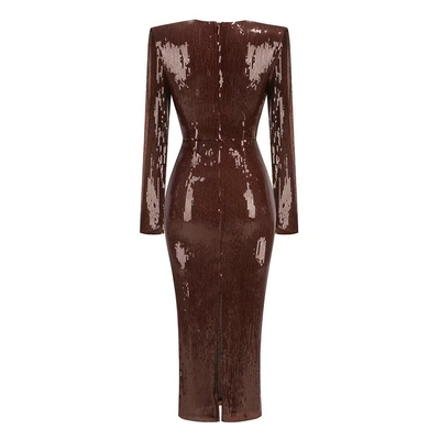 LS2569 Fashionable and Elegant Brown Sequin Maxi Dress for Women's Deep V-neck Evening Party Dress Made