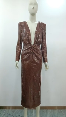 LS2569 Fashionable and Elegant Brown Sequin Maxi Dress for Women's Deep V-neck Evening Party Dress Made