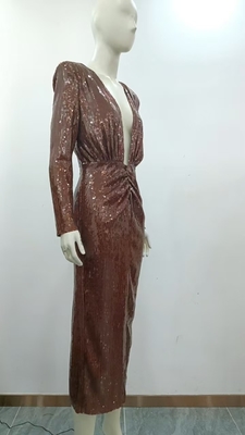 LS2569 Fashionable and Elegant Brown Sequin Maxi Dress for Women's Deep V-neck Evening Party Dress Made
