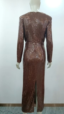 LS2569 Fashionable and Elegant Brown Sequin Maxi Dress for Women's Deep V-neck Evening Party Dress Made