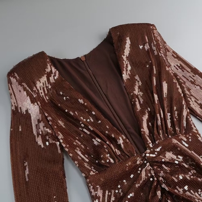 LS2569 Fashionable and Elegant Brown Sequin Maxi Dress for Women's Deep V-neck Evening Party Dress Made